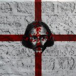 Image of St George's flag with Altab Ali's face in the centre with blood splatters