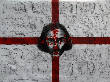 Image of St George's flag with Altab Ali's face in the centre with blood splatters