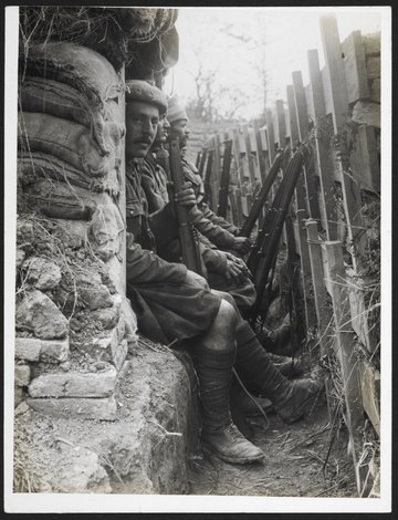 ‘Highlanders and Dogras in a trench with dugouts’ [Fauquissart, France]. Girdwood, H.D. Record of the Indian Army in Europe during the First World War