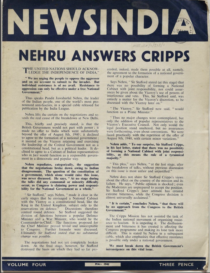 NewsIndia, Nehru Answers Cripps, page 1
