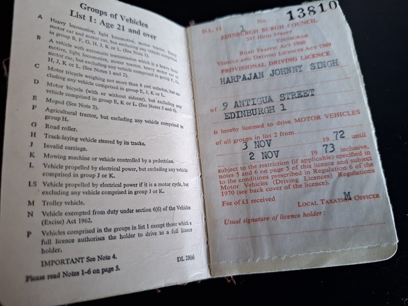 Pedlar License of Harpajan Johnny Singh, 1972-1973, Edinburgh
