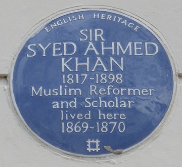 Photo of blue plaque at Syed Ahmed Khan's home in London